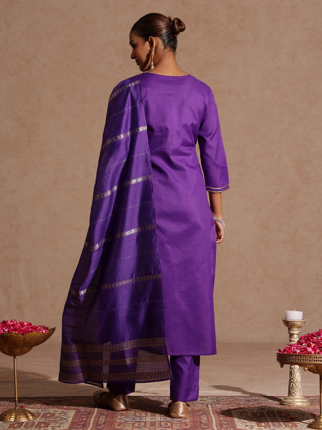 Ninnique Women's Purple Cotton Blend Yoke Design Straight Kurta Set