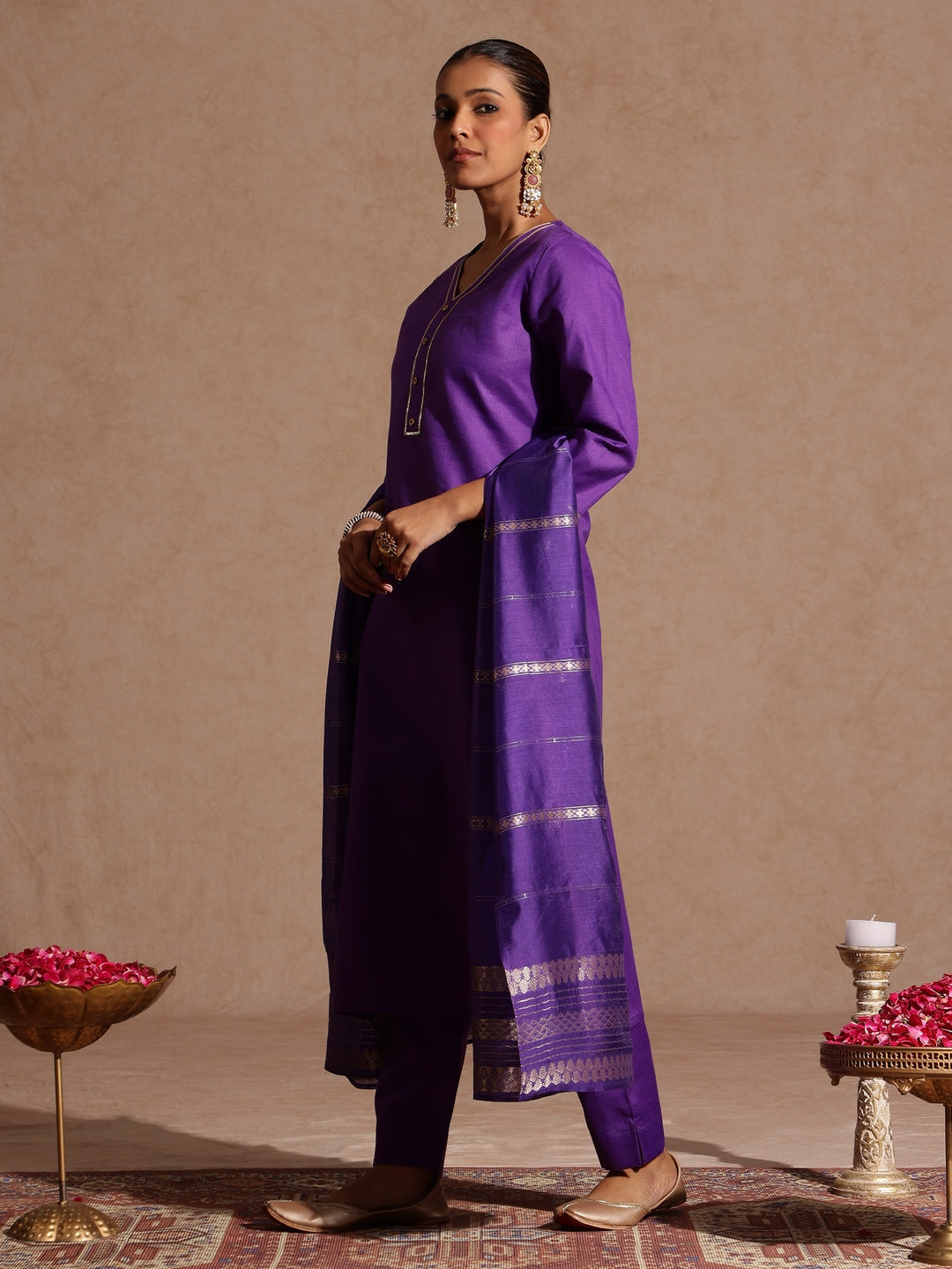 Ninnique Women's Purple Cotton Blend Yoke Design Straight Kurta Set