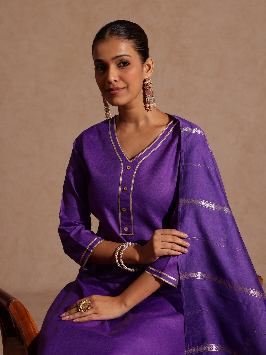 Ninnique Women's Purple Cotton Blend Yoke Design Straight Kurta Set