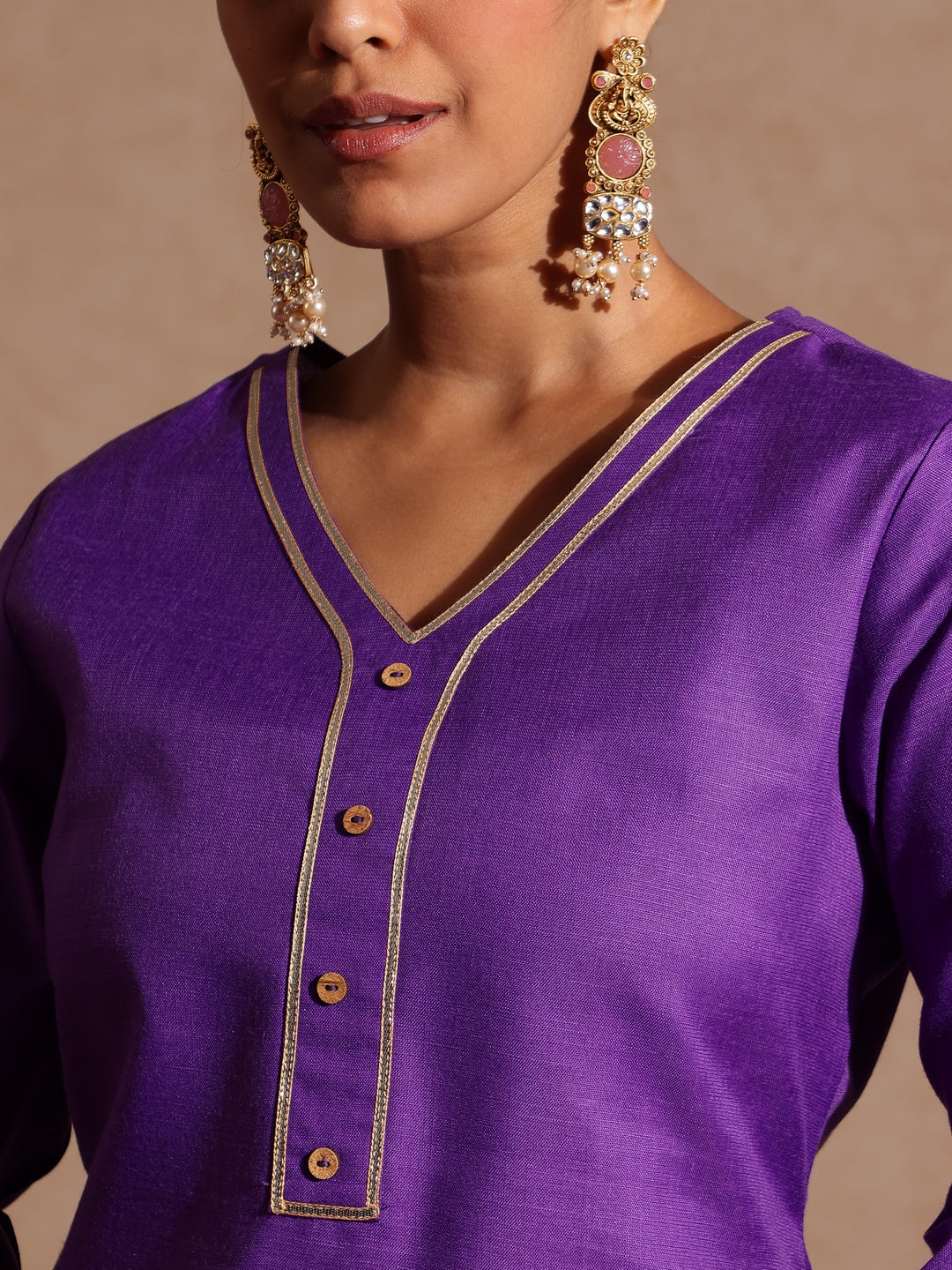Ninnique Women's Purple Cotton Blend Yoke Design Straight Kurta Set