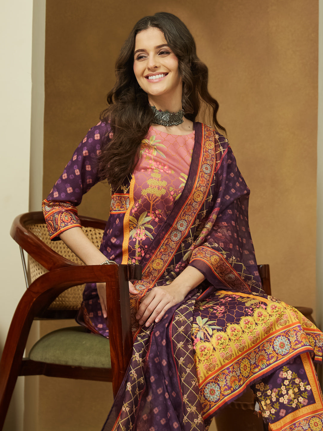 Ninnique Women's Purple Cotton Blend Floral Printed Straight Kurta Set
