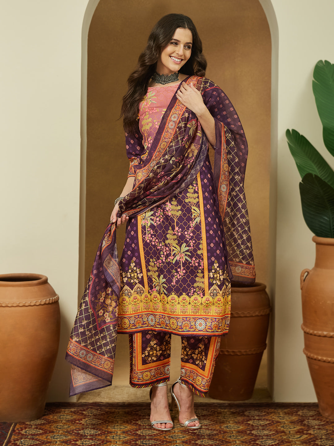 Ninnique Women's Purple Cotton Blend Floral Printed Straight Kurta Set