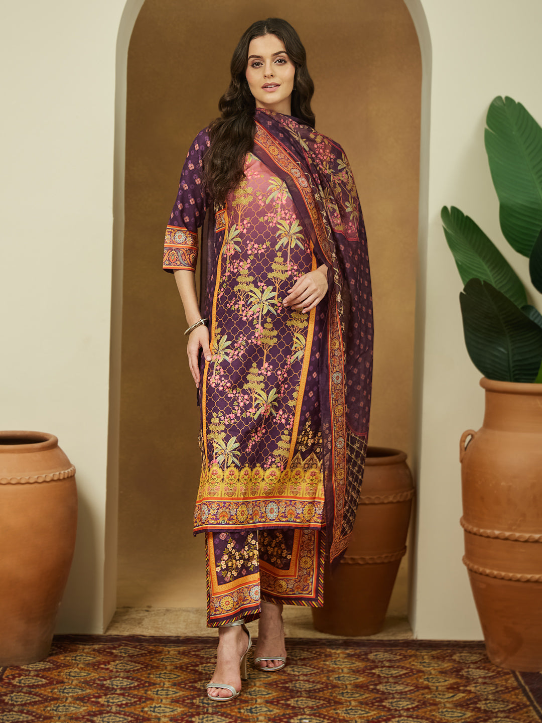 Ninnique Women's Purple Cotton Blend Floral Printed Straight Kurta Set