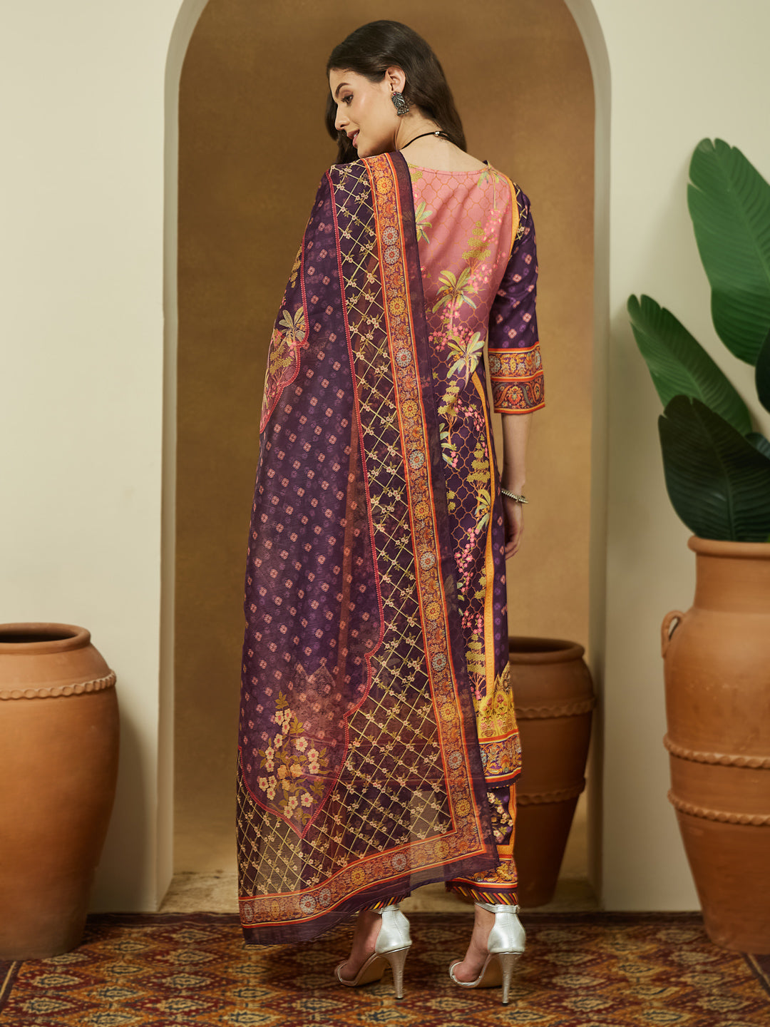 Ninnique Women's Purple Cotton Blend Floral Printed Straight Kurta Set