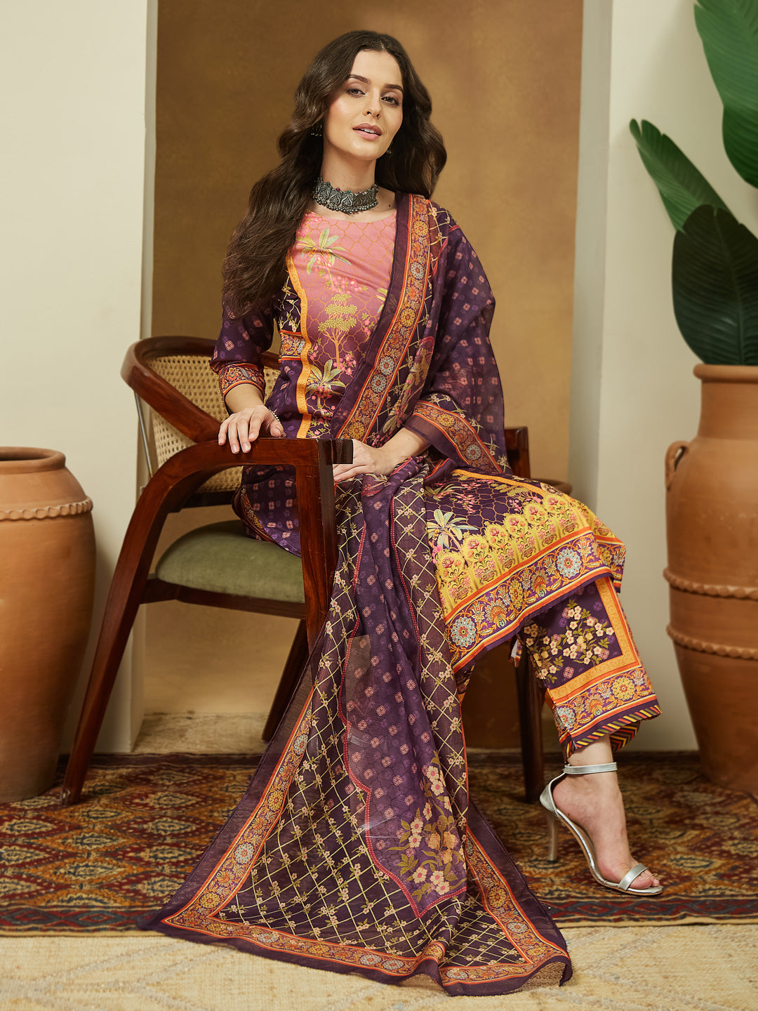 Ninnique Women's Purple Cotton Blend Floral Printed Straight Kurta Set