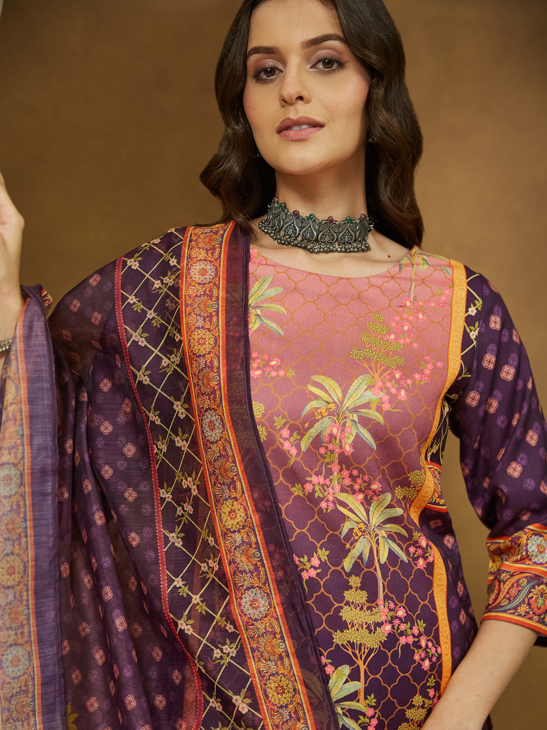 Ninnique Women's Purple Cotton Blend Floral Printed Straight Kurta Set
