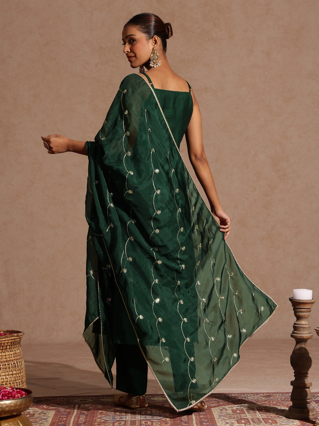 Ninnique Women's Bottle Green Silk Blend Embellished Straight Kurta Set