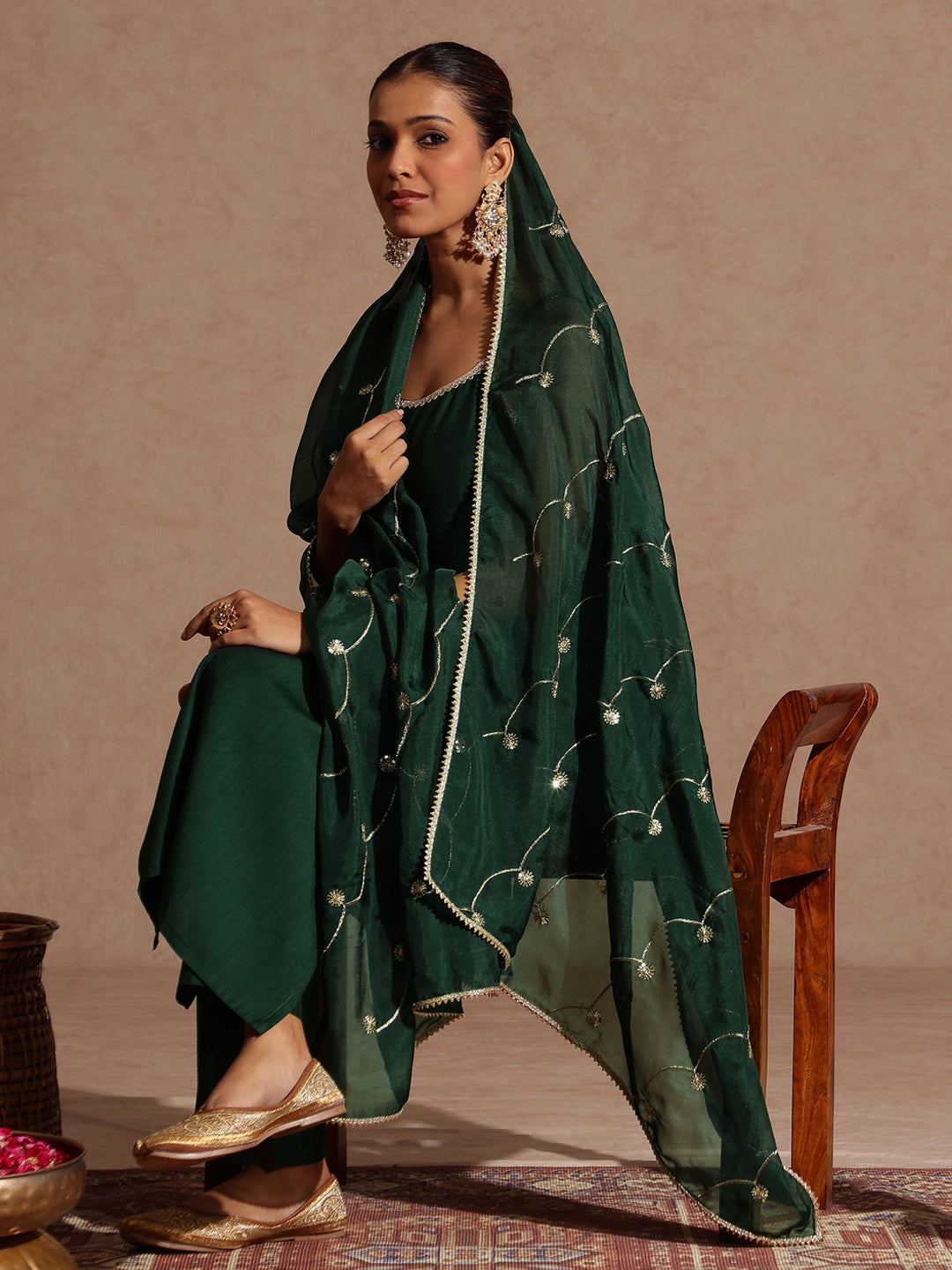 Ninnique Women's Bottle Green Silk Blend Embellished Straight Kurta Set