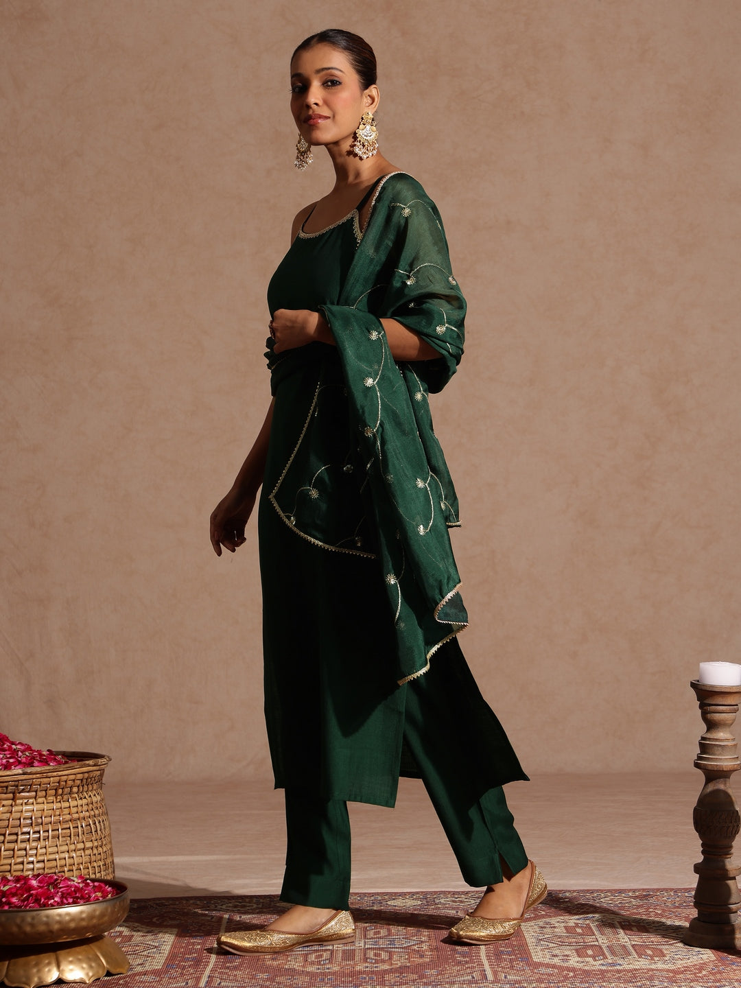 Ninnique Women's Bottle Green Silk Blend Embellished Straight Kurta Set