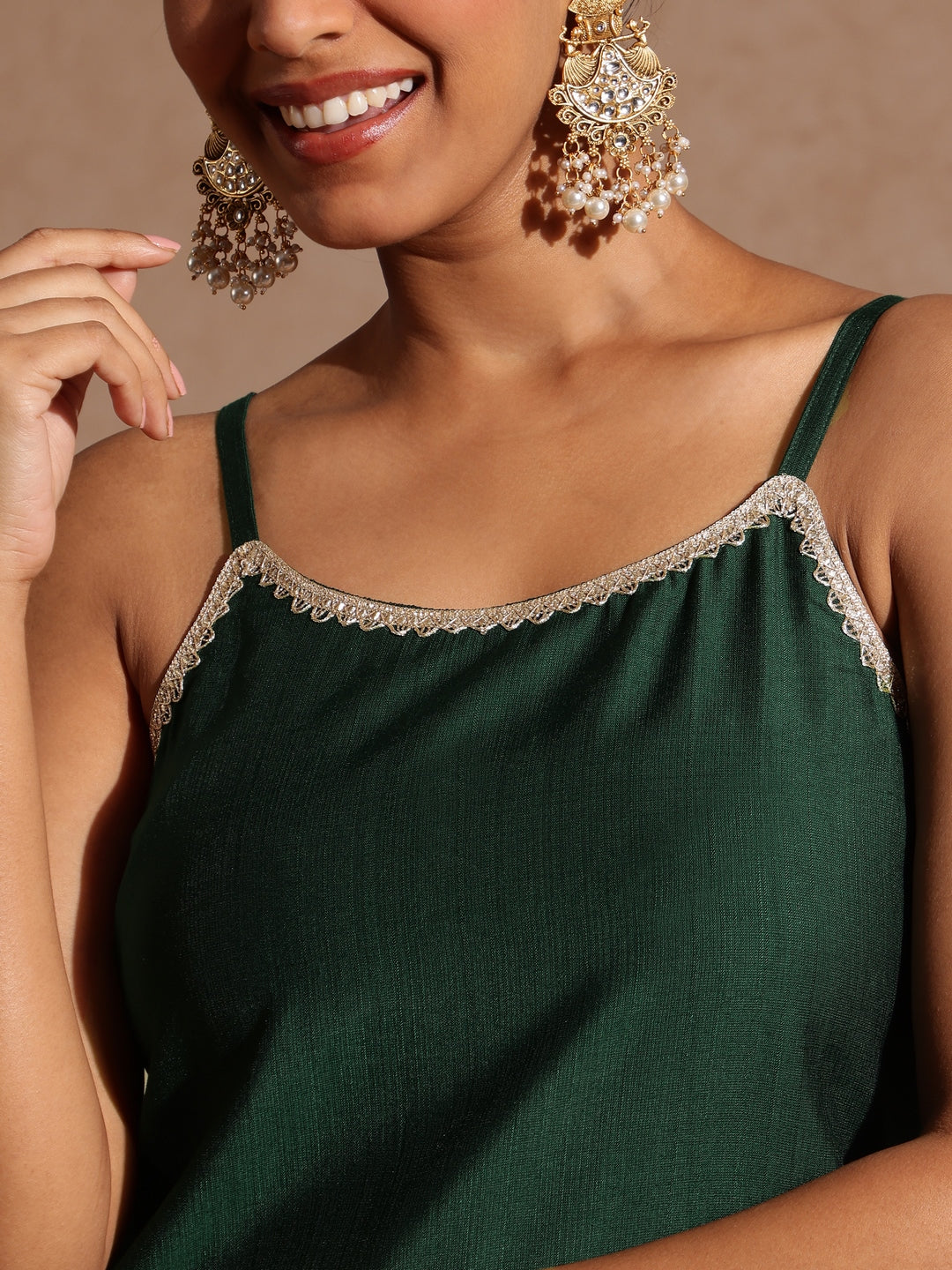 Ninnique Women's Bottle Green Silk Blend Embellished Straight Kurta Set