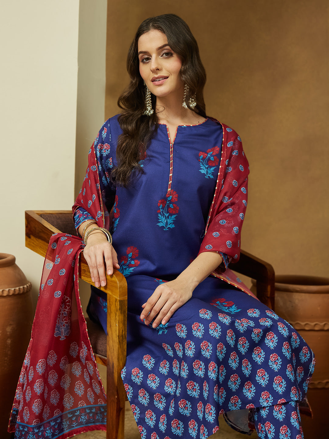 Ninnique Women's Purple Cotton Blend Printed Straight Kurta Set