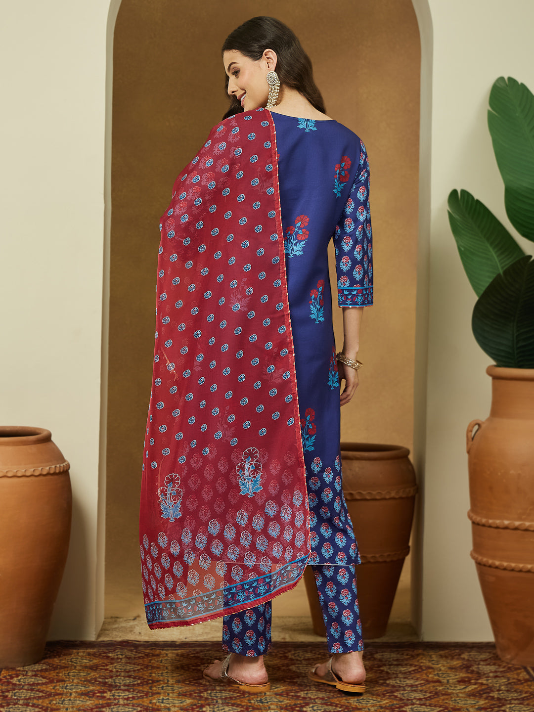 Ninnique Women's Purple Cotton Blend Printed Straight Kurta Set