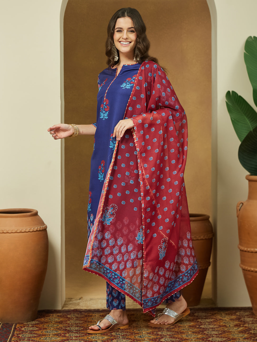 Ninnique Women's Purple Cotton Blend Printed Straight Kurta Set