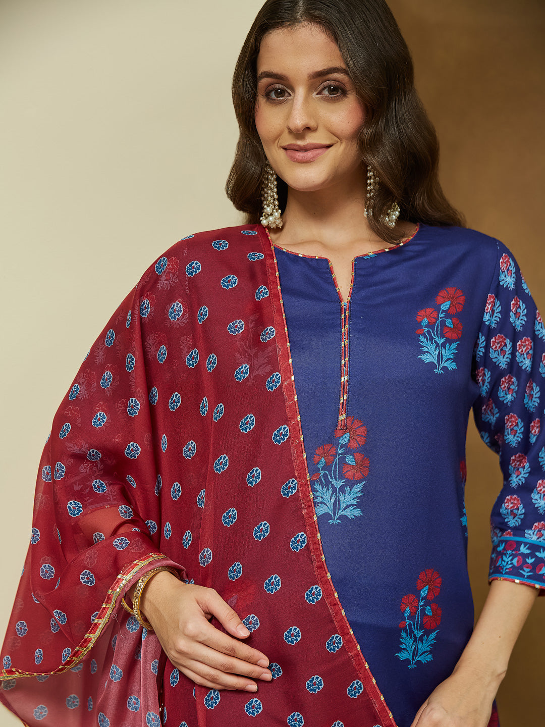 Ninnique Women's Purple Cotton Blend Printed Straight Kurta Set