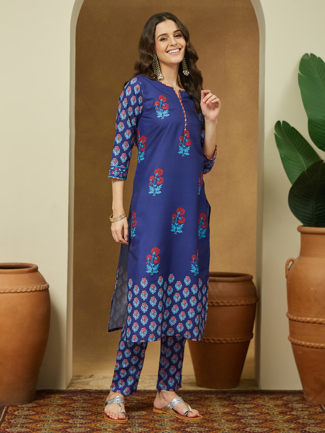 Ninnique Women's Purple Cotton Blend Printed Straight Kurta Set