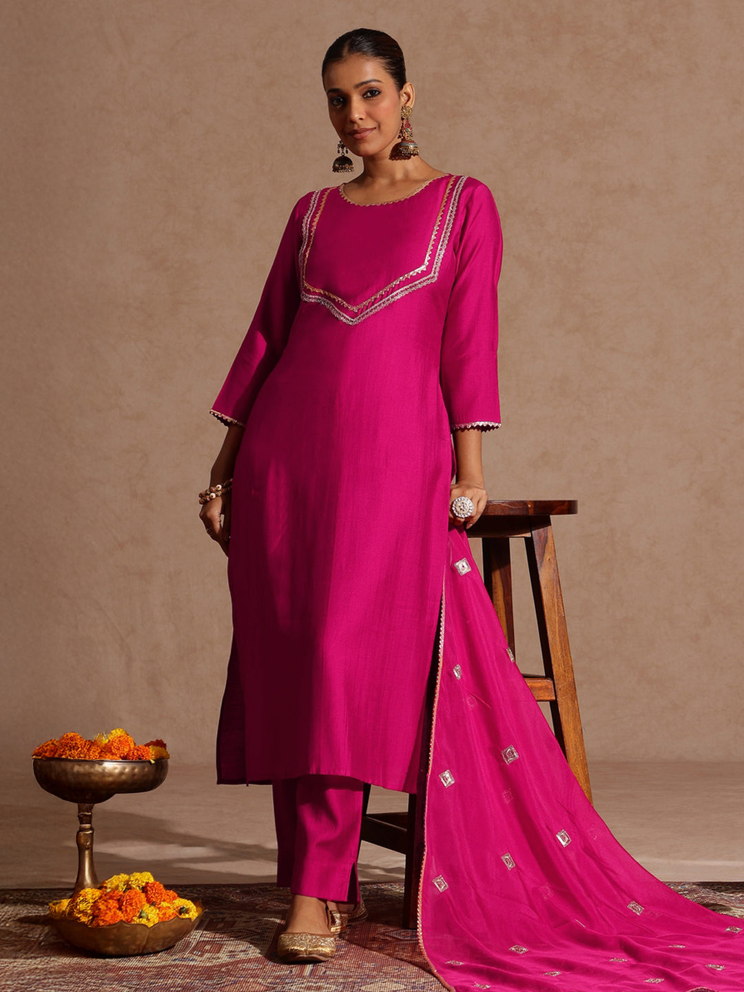 Ninnique Women's Pink Silk Blend Embellished Yoke Design Straight Kurta Set
