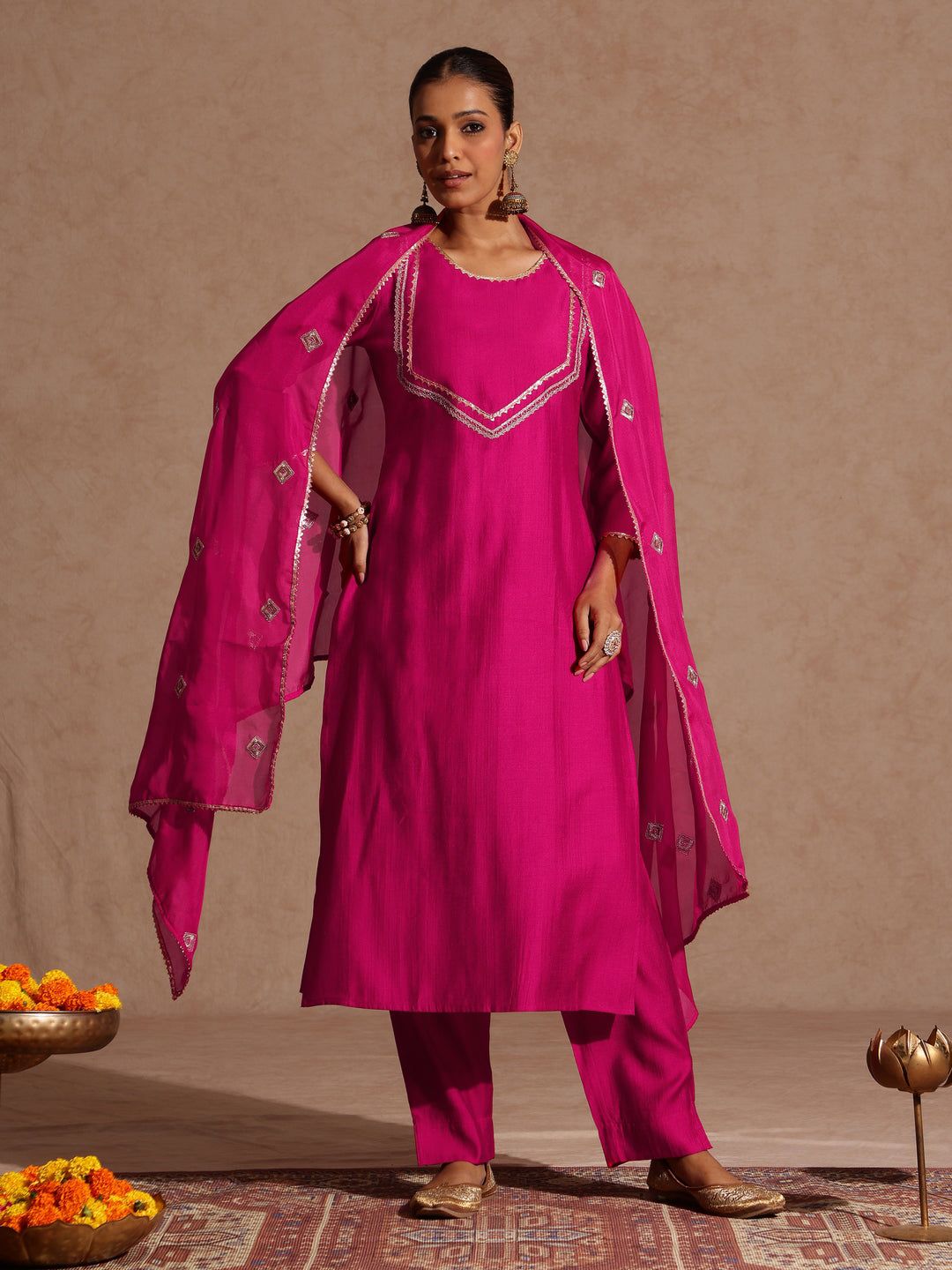 Ninnique Women's Pink Silk Blend Embellished Yoke Design Straight Kurta Set