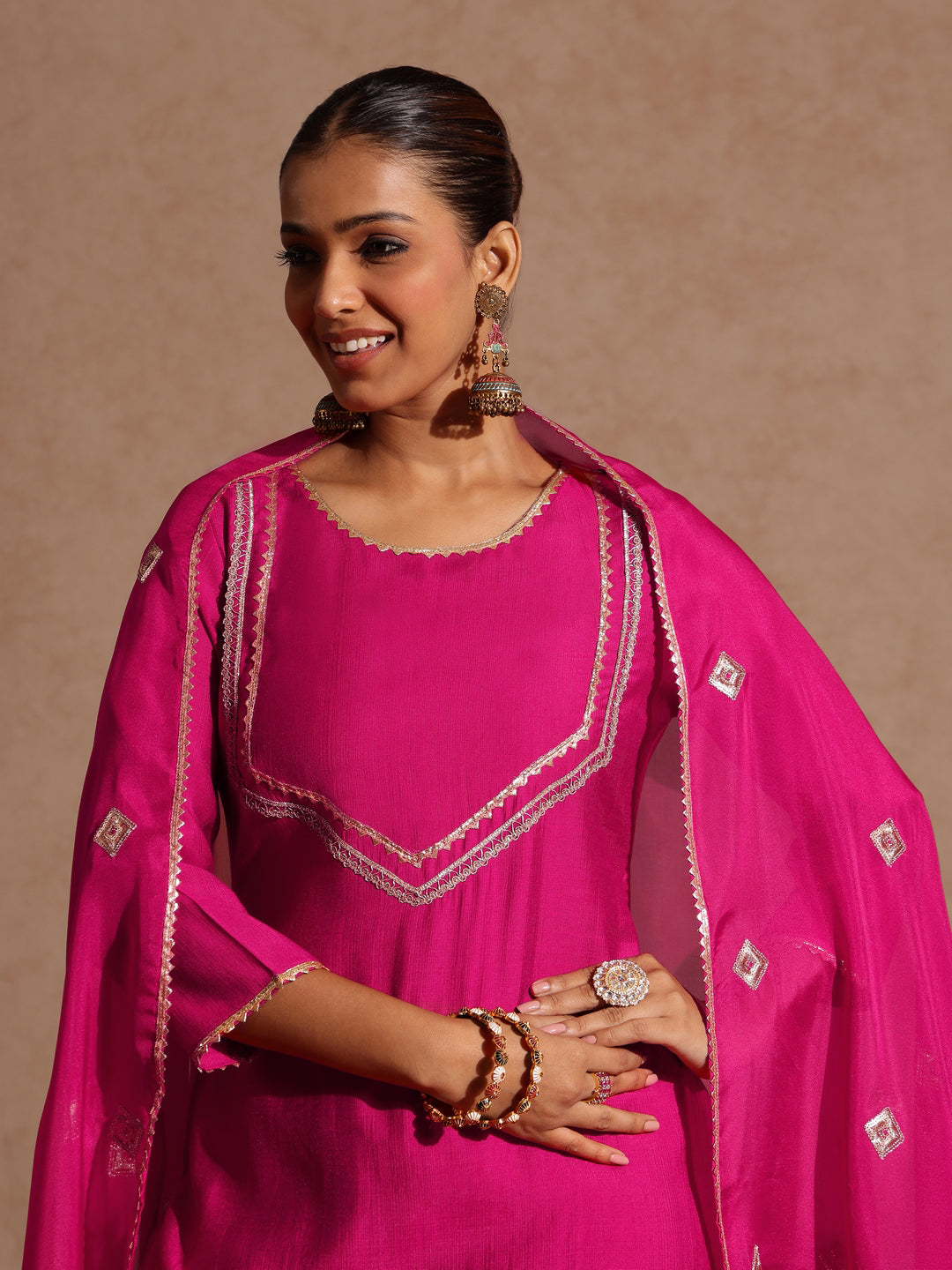 Ninnique Women's Pink Silk Blend Embellished Yoke Design Straight Kurta Set