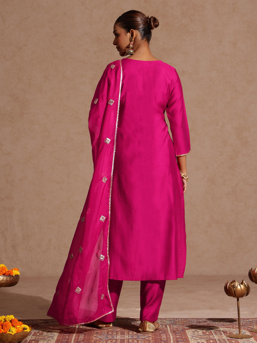 Ninnique Women's Pink Silk Blend Embellished Yoke Design Straight Kurta Set