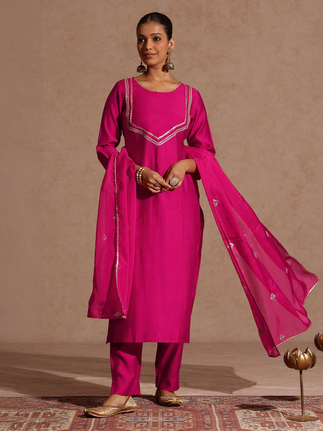 Ninnique Women's Pink Silk Blend Embellished Yoke Design Straight Kurta Set