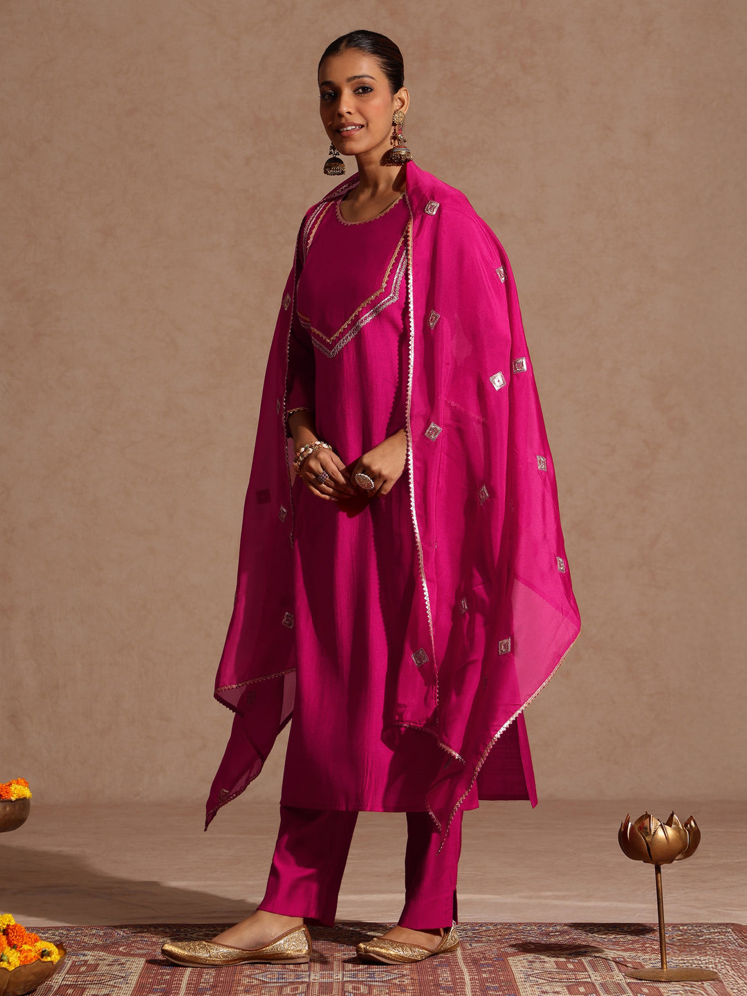 Ninnique Women's Pink Silk Blend Embellished Yoke Design Straight Kurta Set