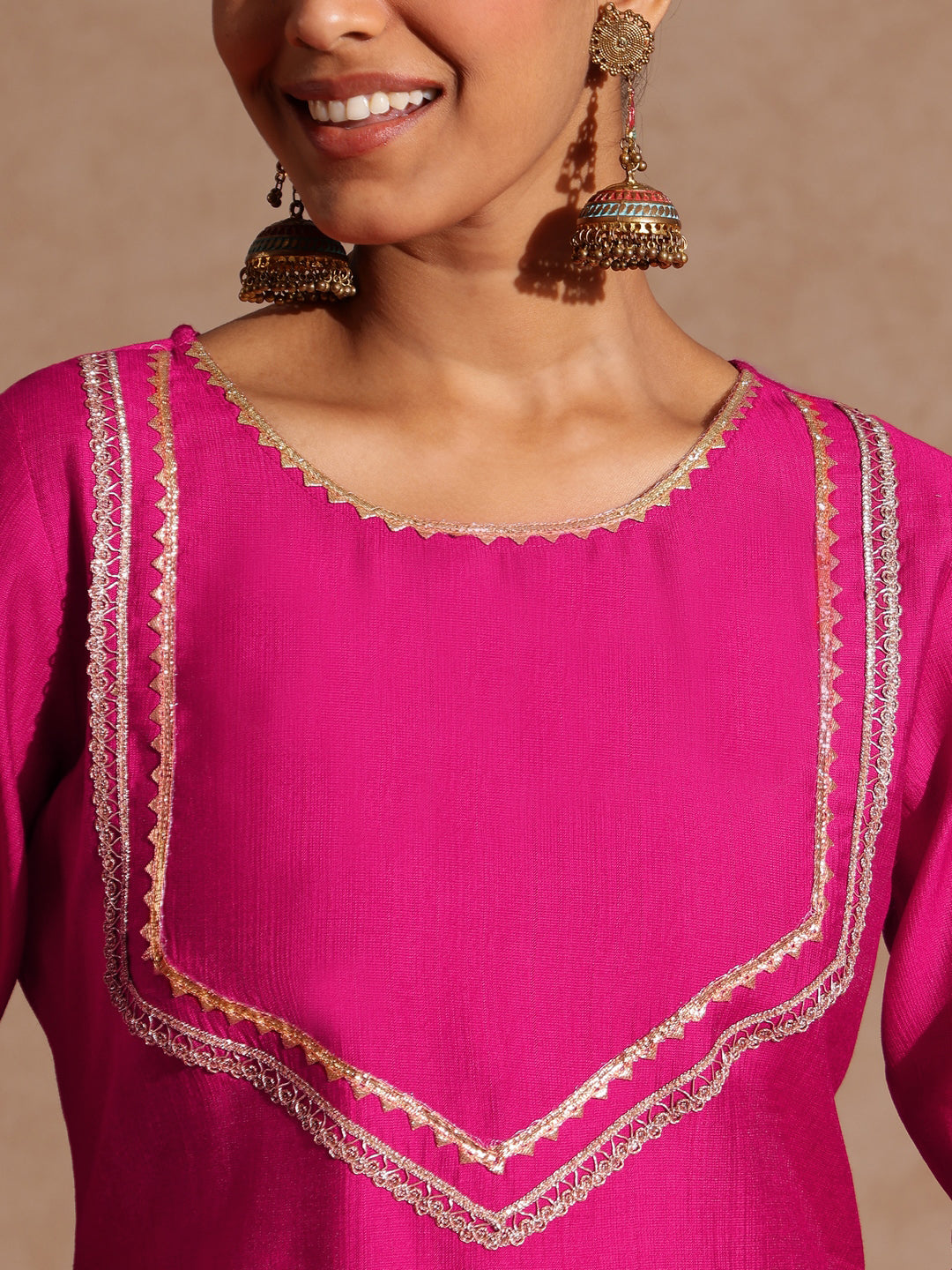 Ninnique Women's Pink Silk Blend Embellished Yoke Design Straight Kurta Set