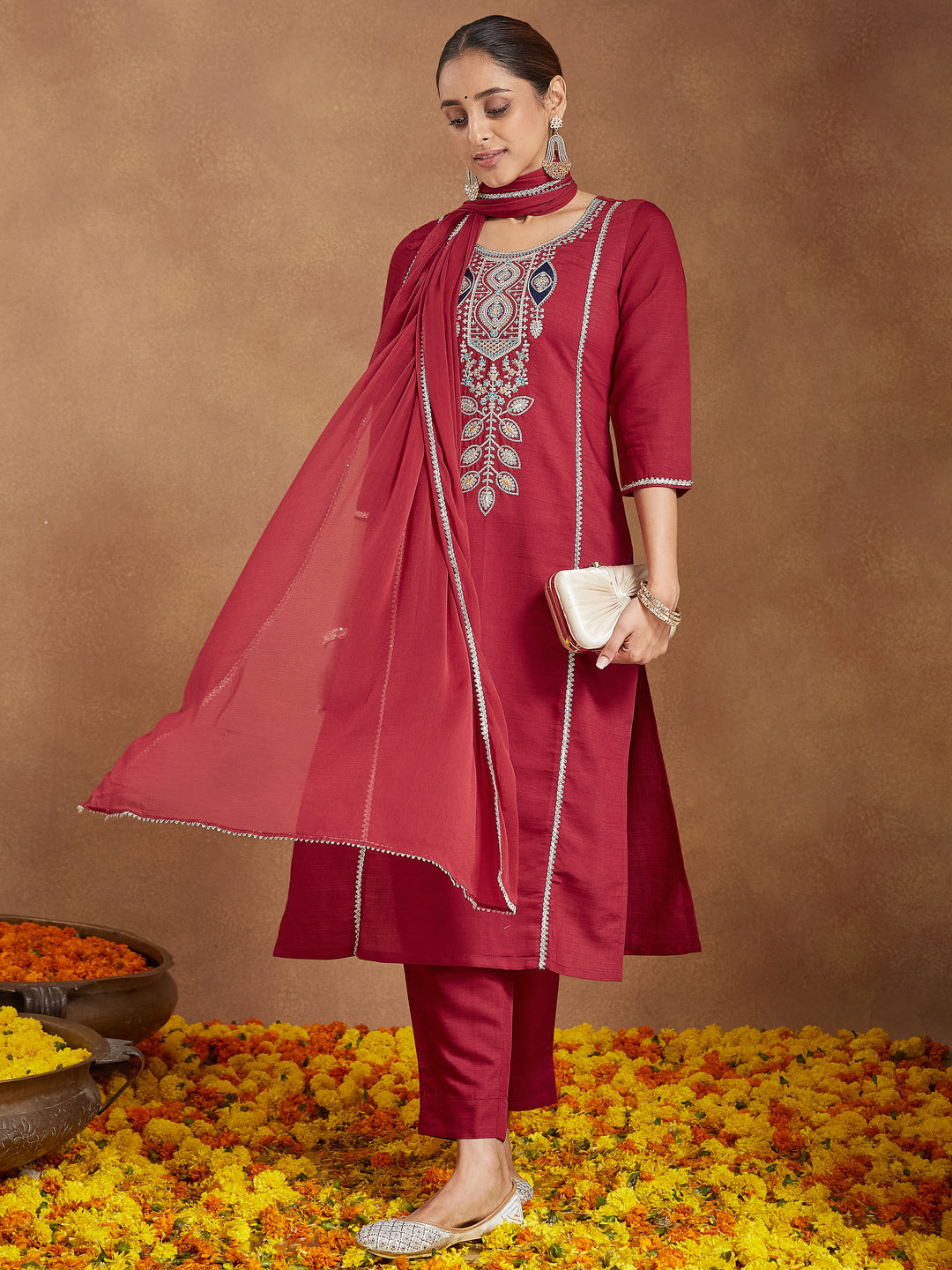Ninnique Women's Maroon Silk Blend Embroidered Straight Kurta Set