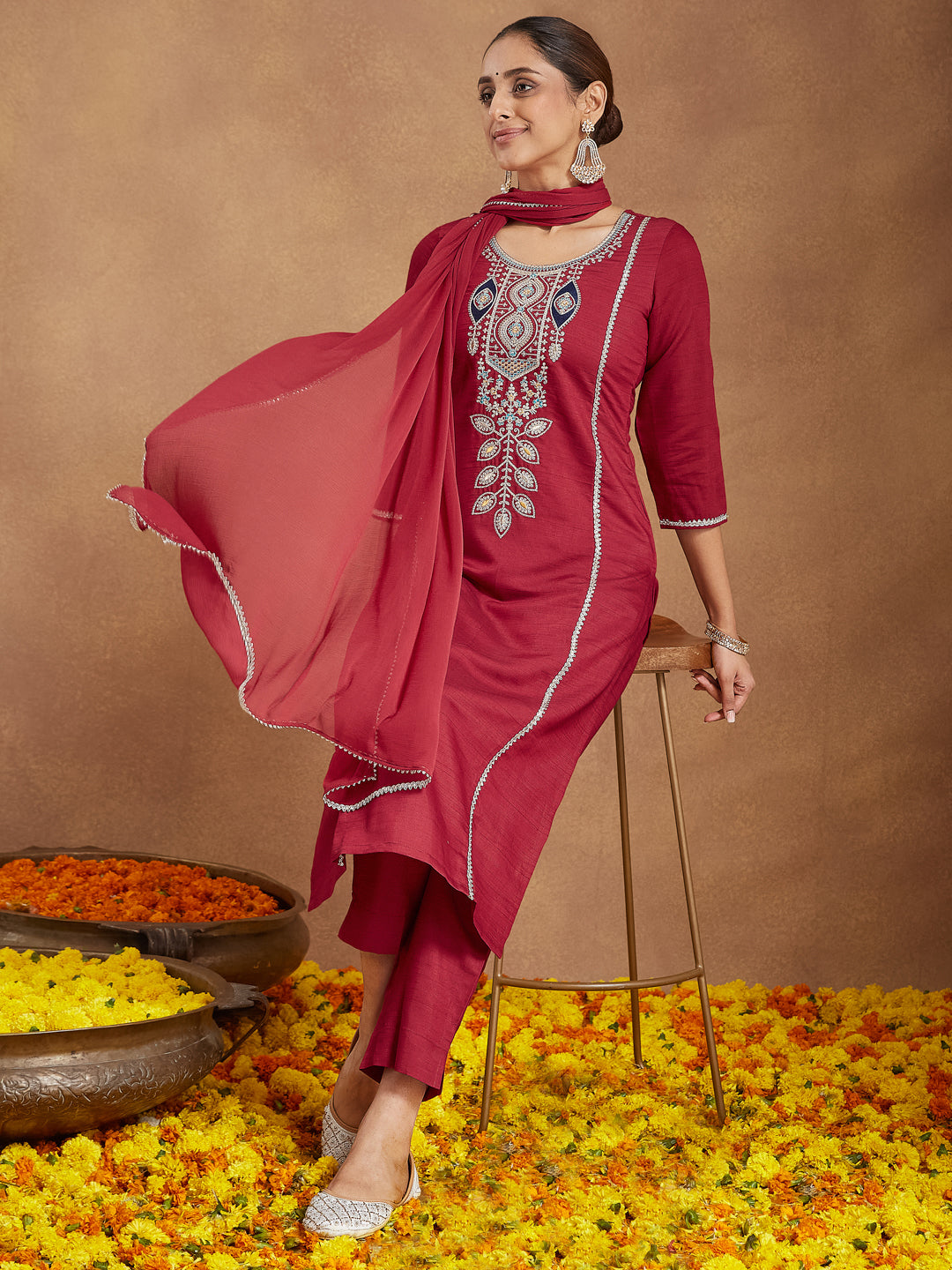 Ninnique Women's Maroon Silk Blend Embroidered Straight Kurta Set
