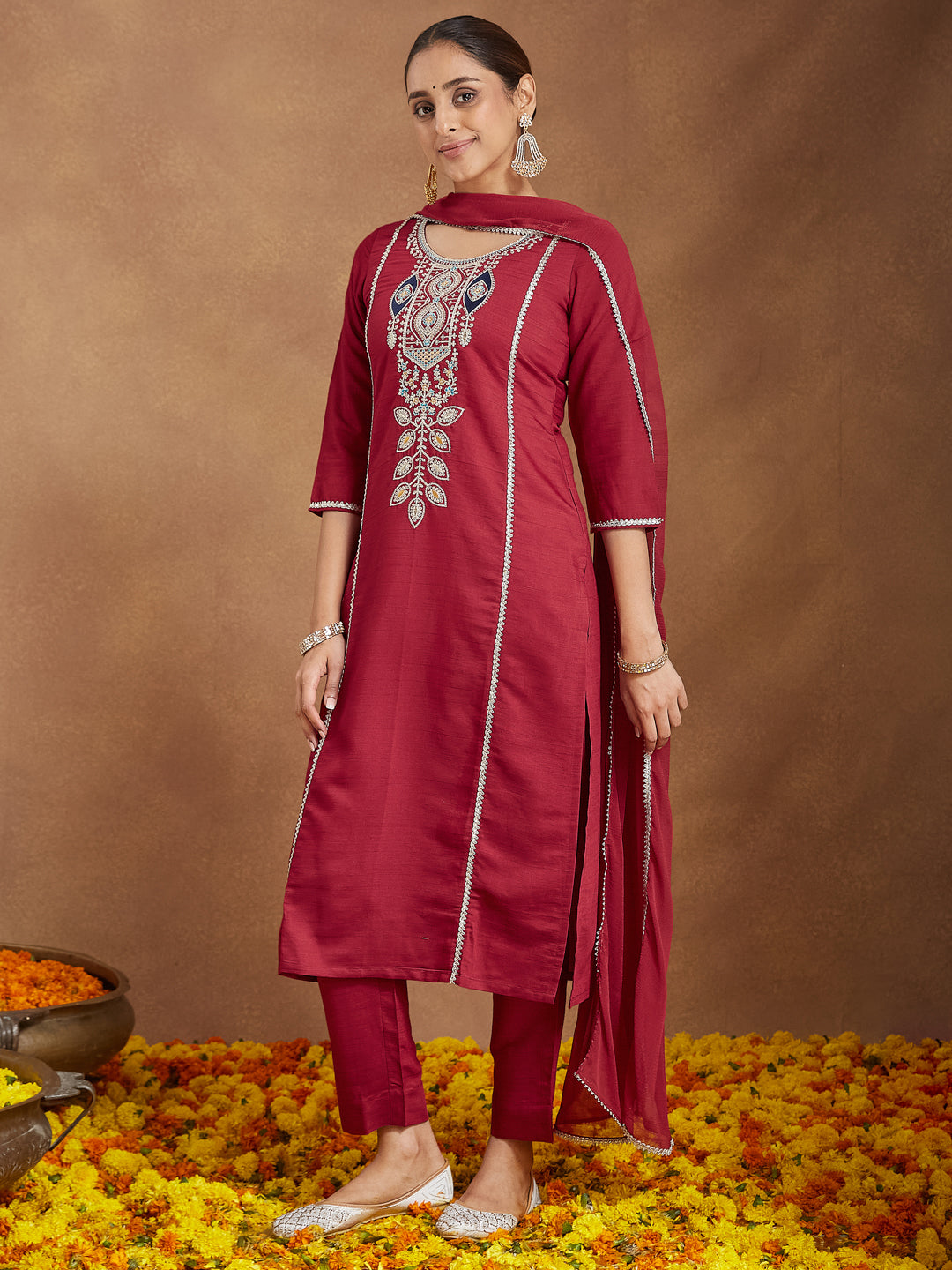 Ninnique Women's Maroon Silk Blend Embroidered Straight Kurta Set