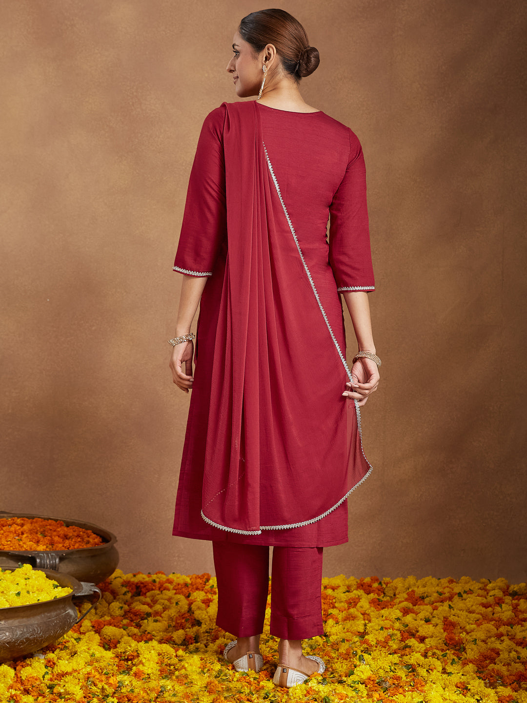 Ninnique Women's Maroon Silk Blend Embroidered Straight Kurta Set
