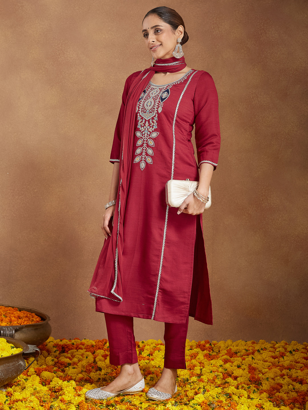 Ninnique Women's Maroon Silk Blend Embroidered Straight Kurta Set