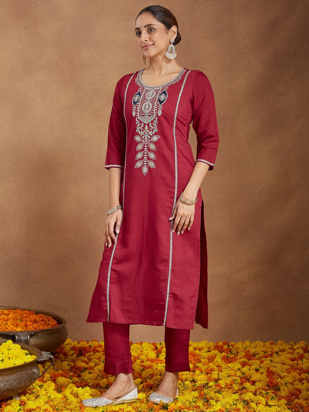 Ninnique Women's Maroon Silk Blend Embroidered Straight Kurta Set