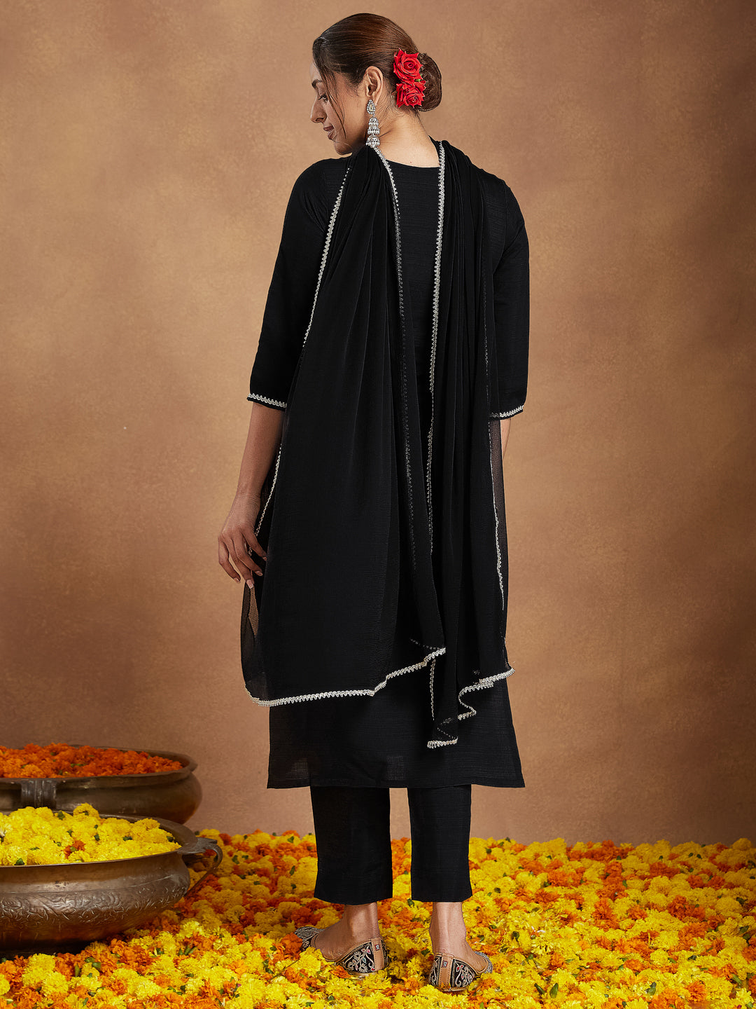 Ninnique Women's Black Silk Blend Embroidered Straight Kurta Set