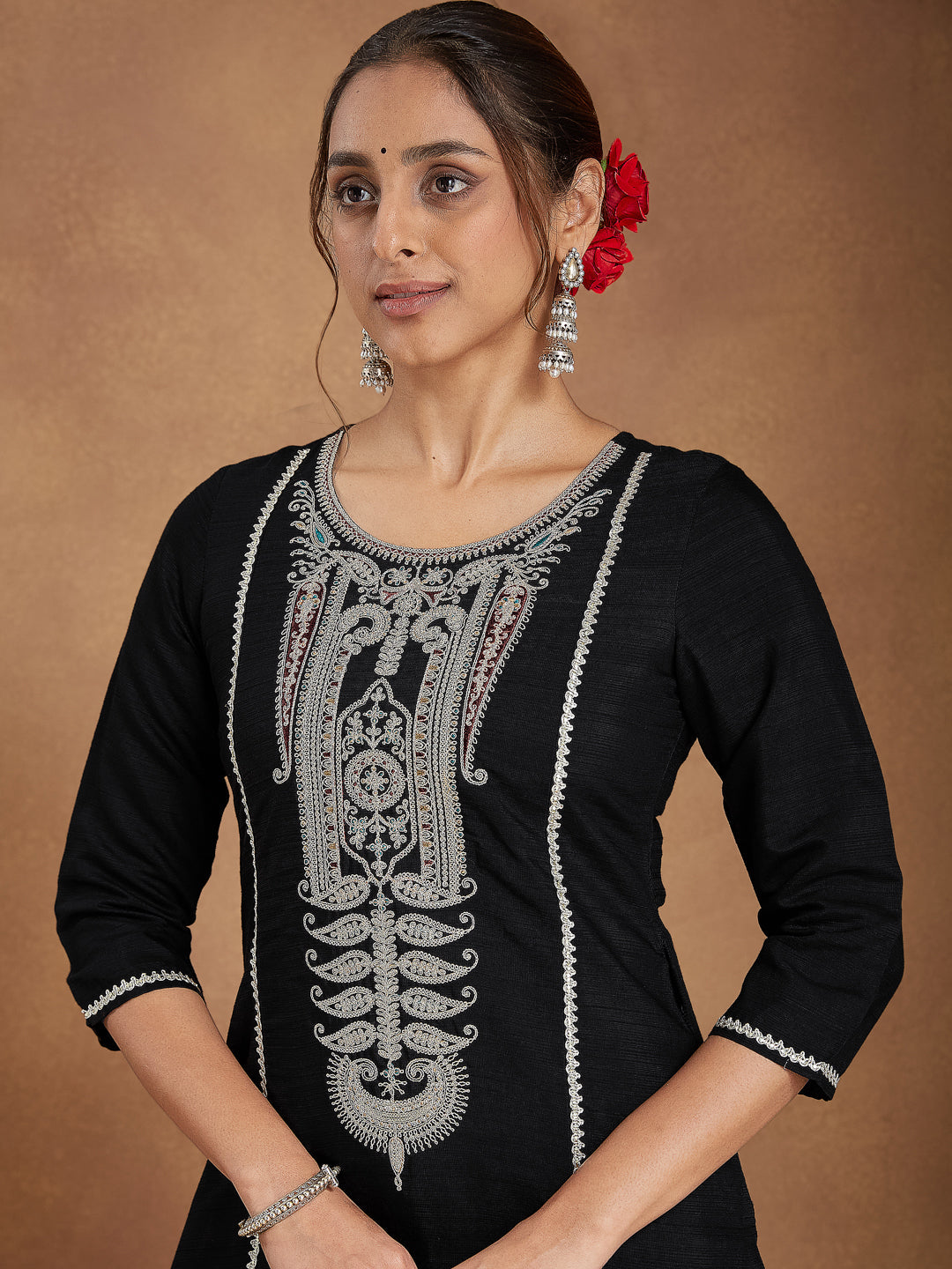 Ninnique Women's Black Silk Blend Embroidered Straight Kurta Set