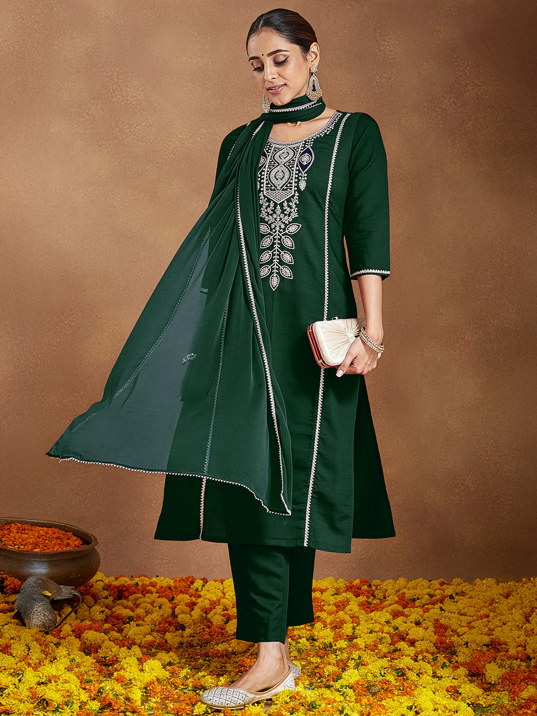 Ninnique Women's Bottle Green Silk Blend Embroidered Straight Kurta Set