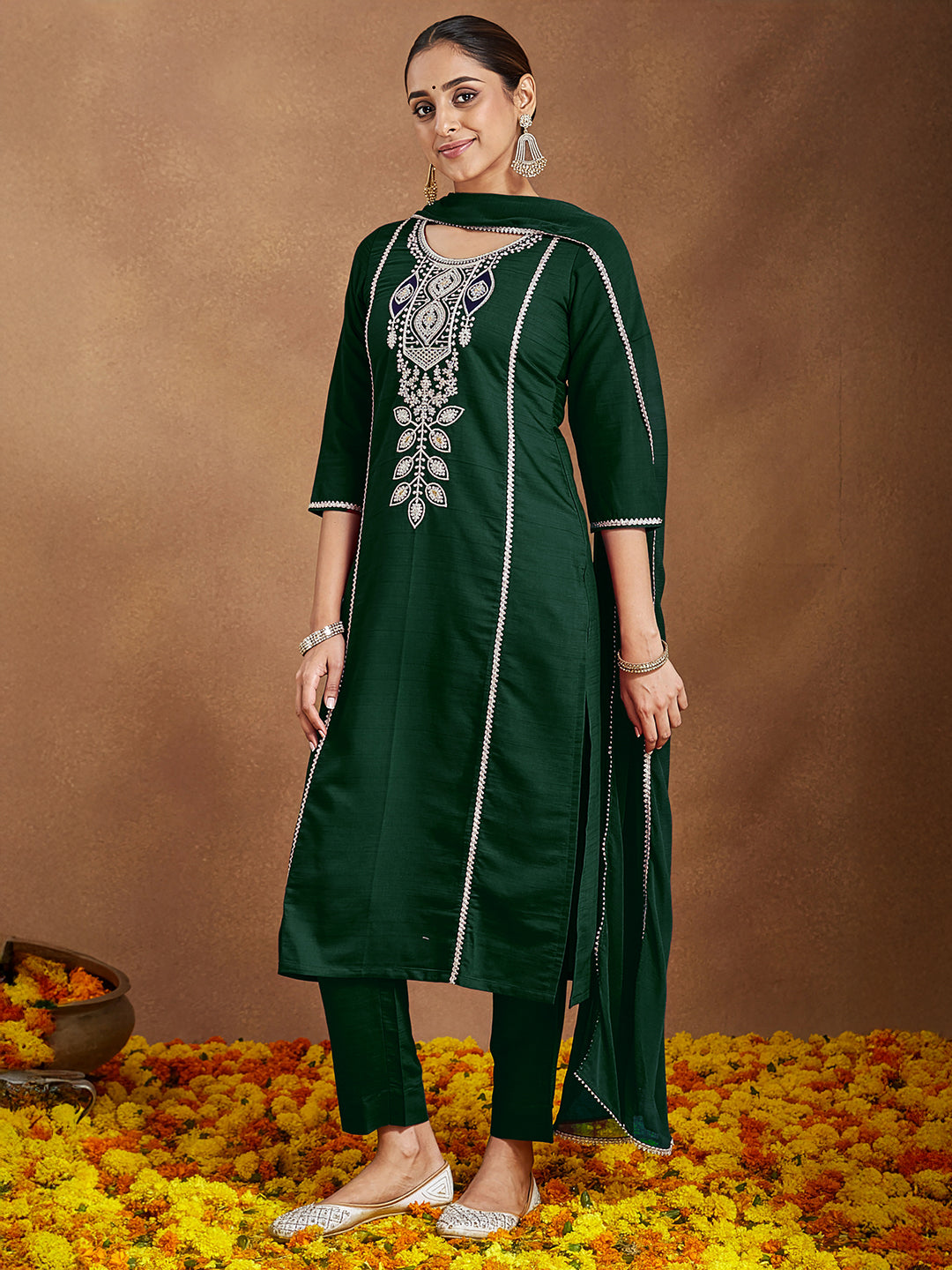 Ninnique Women's Bottle Green Silk Blend Embroidered Straight Kurta Set