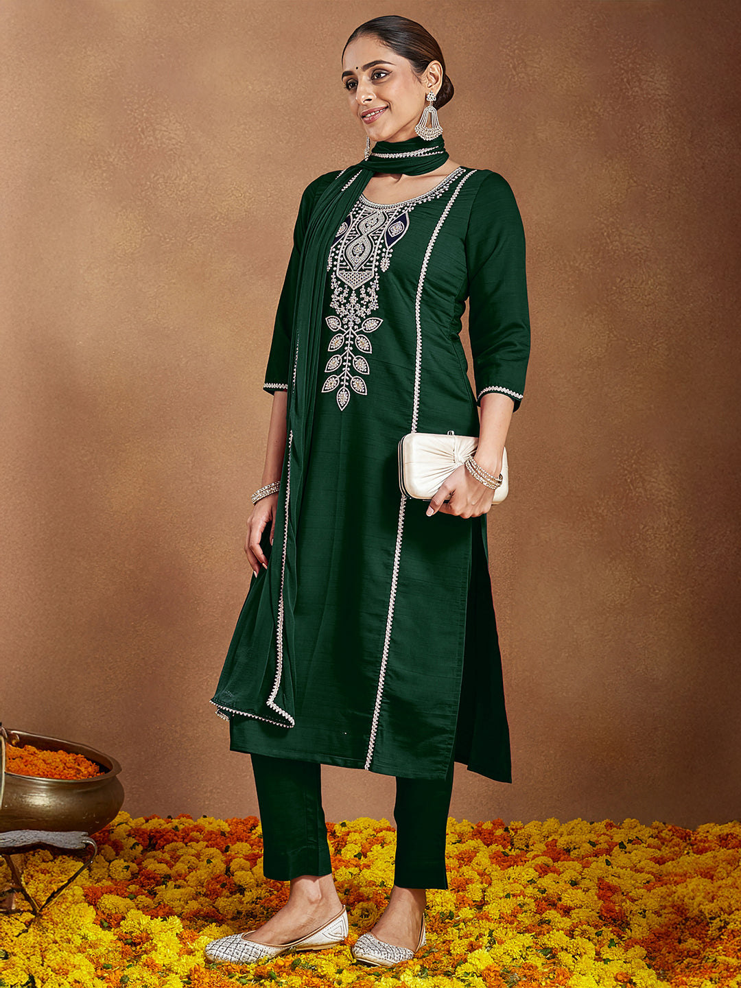 Ninnique Women's Bottle Green Silk Blend Embroidered Straight Kurta Set