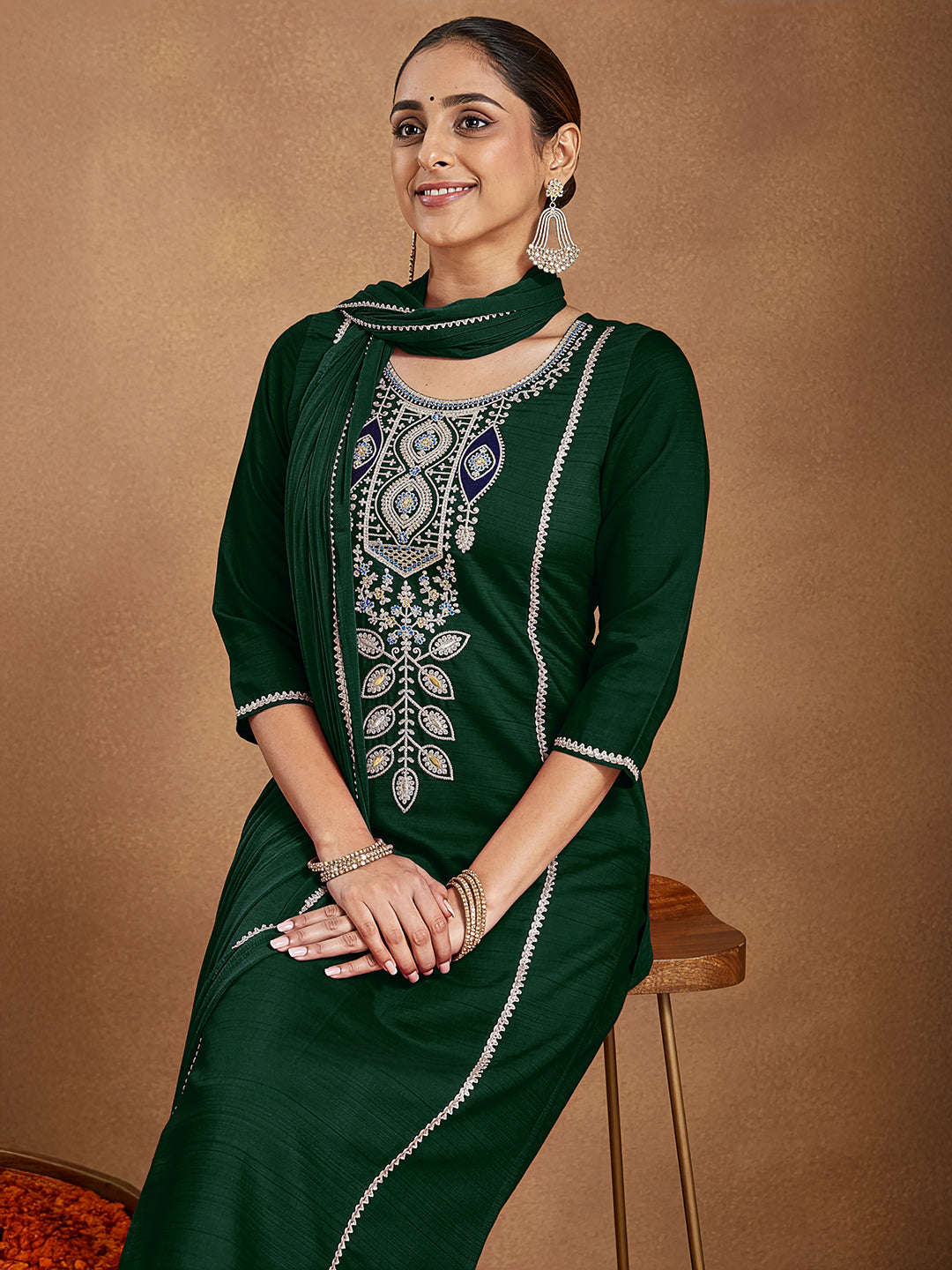 Ninnique Women's Bottle Green Silk Blend Embroidered Straight Kurta Set