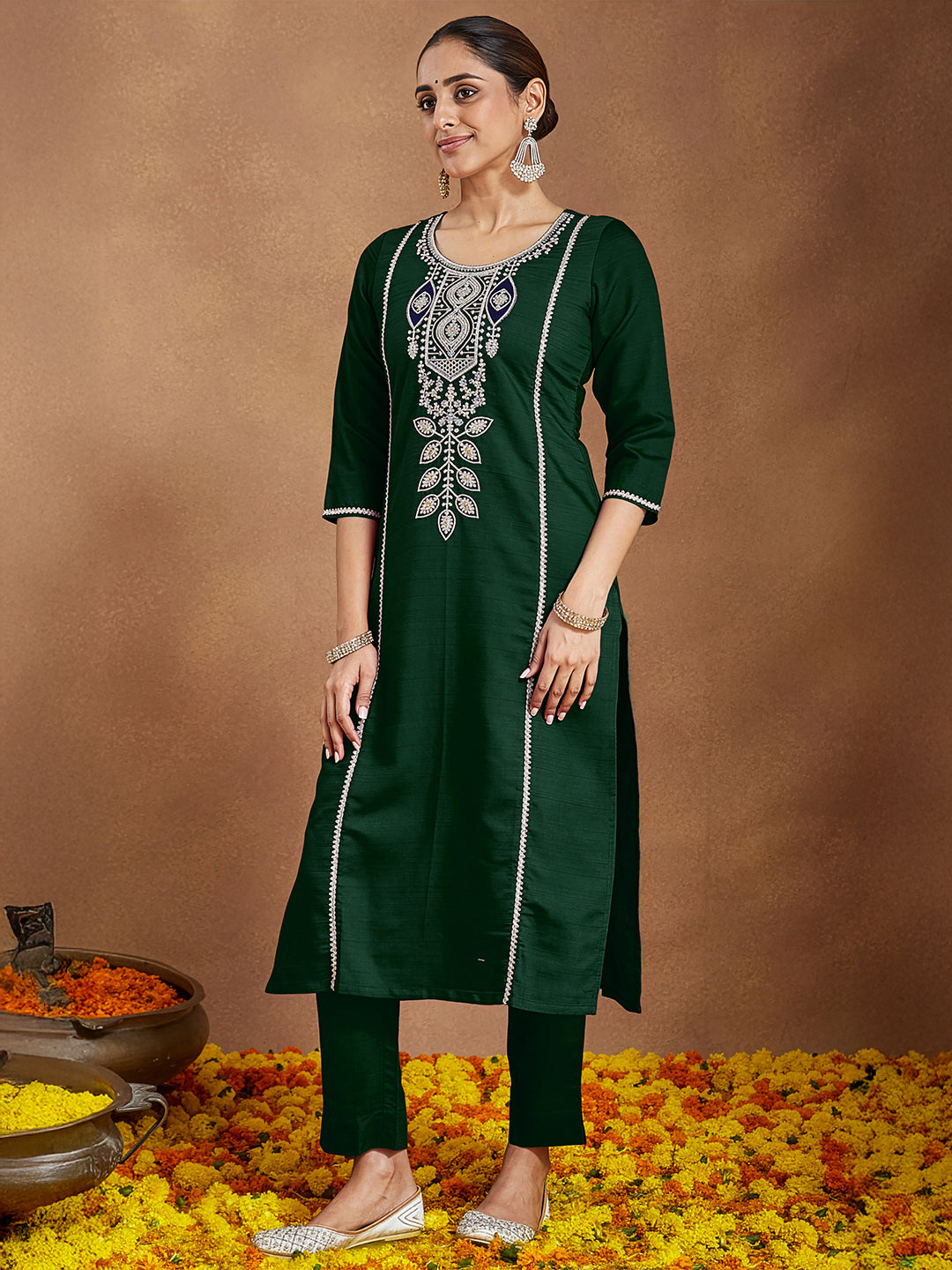 Ninnique Women's Bottle Green Silk Blend Embroidered Straight Kurta Set