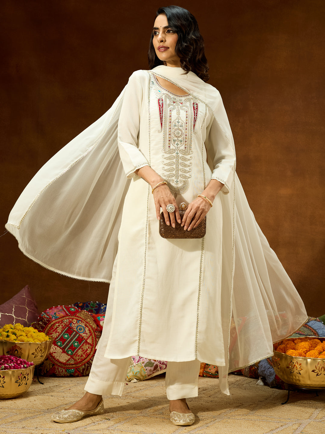 Ninnique Women's White Silk Blend Embroidered Straight Kurta Set