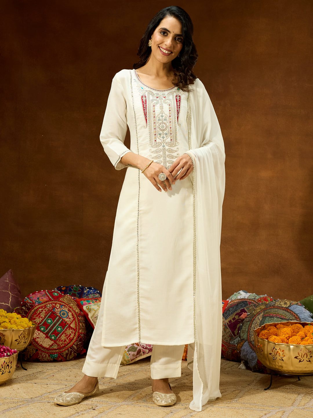 Ninnique Women's White Silk Blend Embroidered Straight Kurta Set