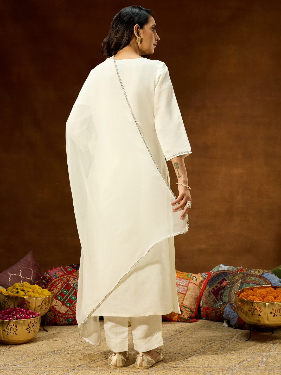 Ninnique Women's White Silk Blend Embroidered Straight Kurta Set