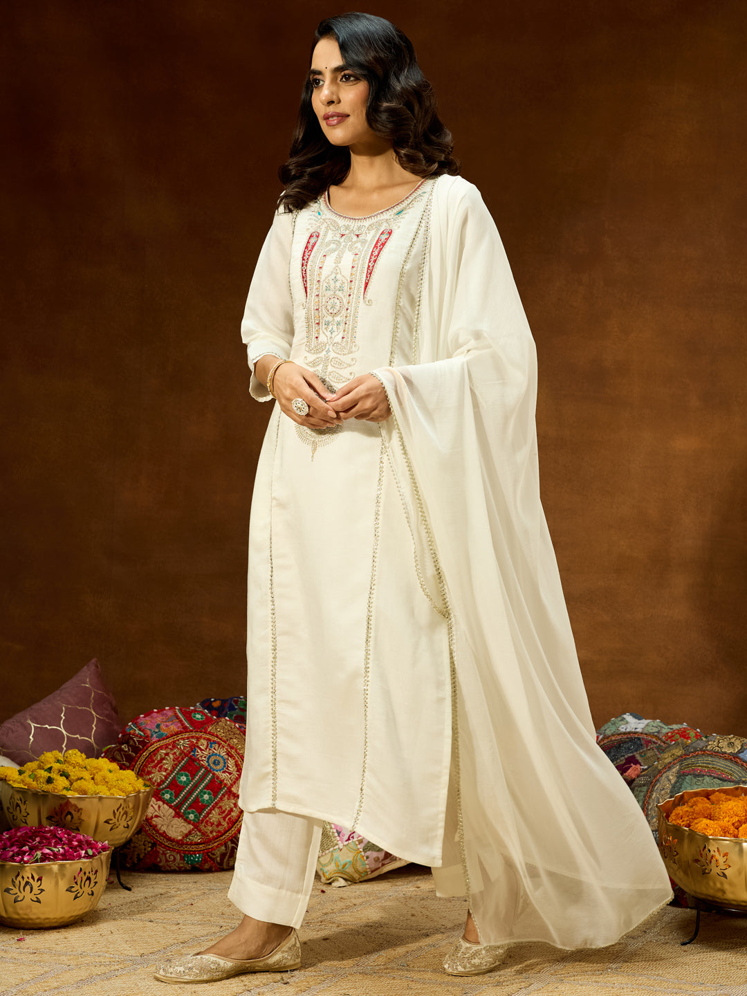 Ninnique Women's White Silk Blend Embroidered Straight Kurta Set