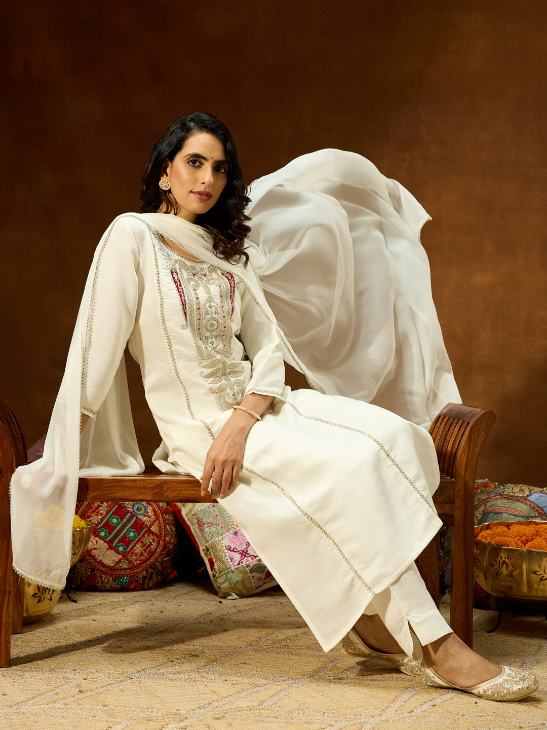 Ninnique Women's White Silk Blend Embroidered Straight Kurta Set