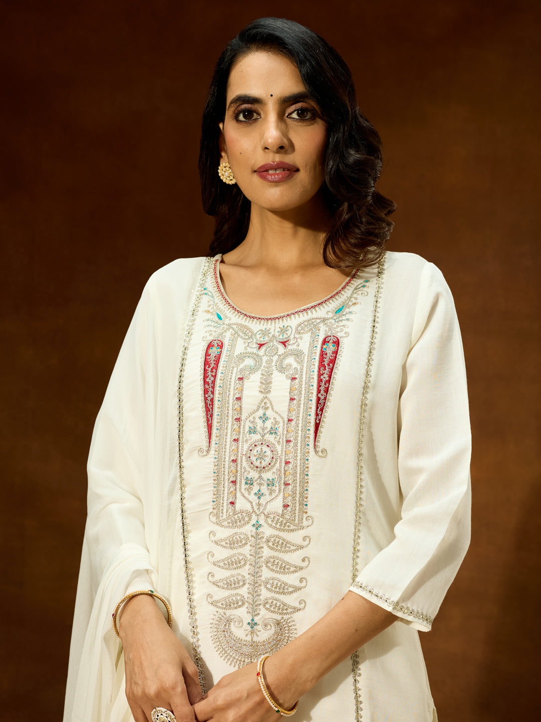 Ninnique Women's White Silk Blend Embroidered Straight Kurta Set