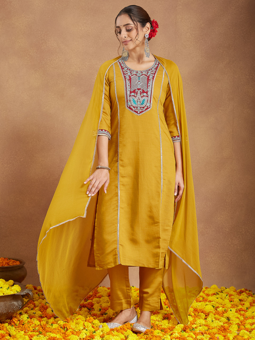 Ninnique Women's Mustard Silk Blend Embroidered Straight Kurta Set