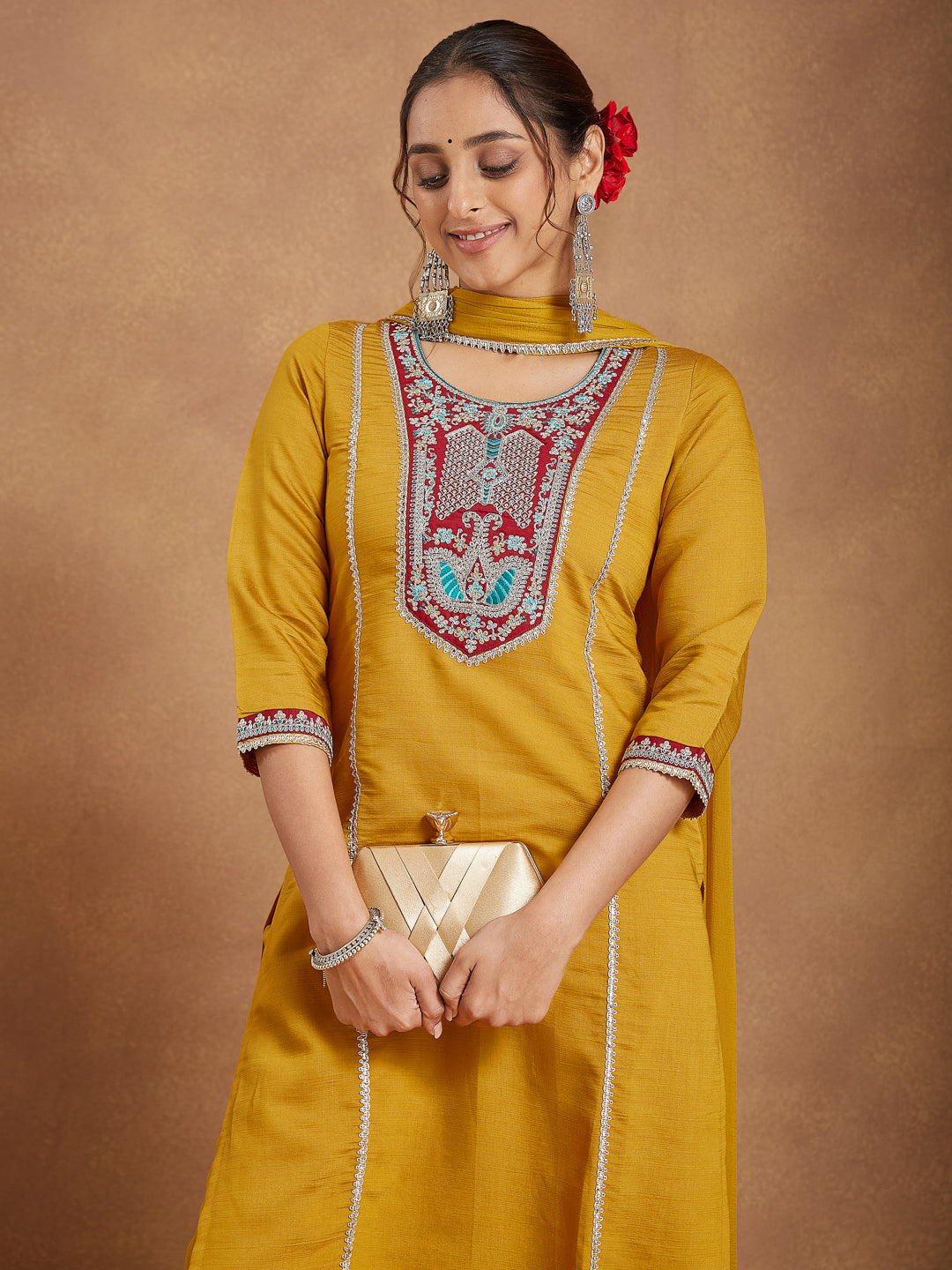 Ninnique Women's Mustard Silk Blend Embroidered Straight Kurta Set