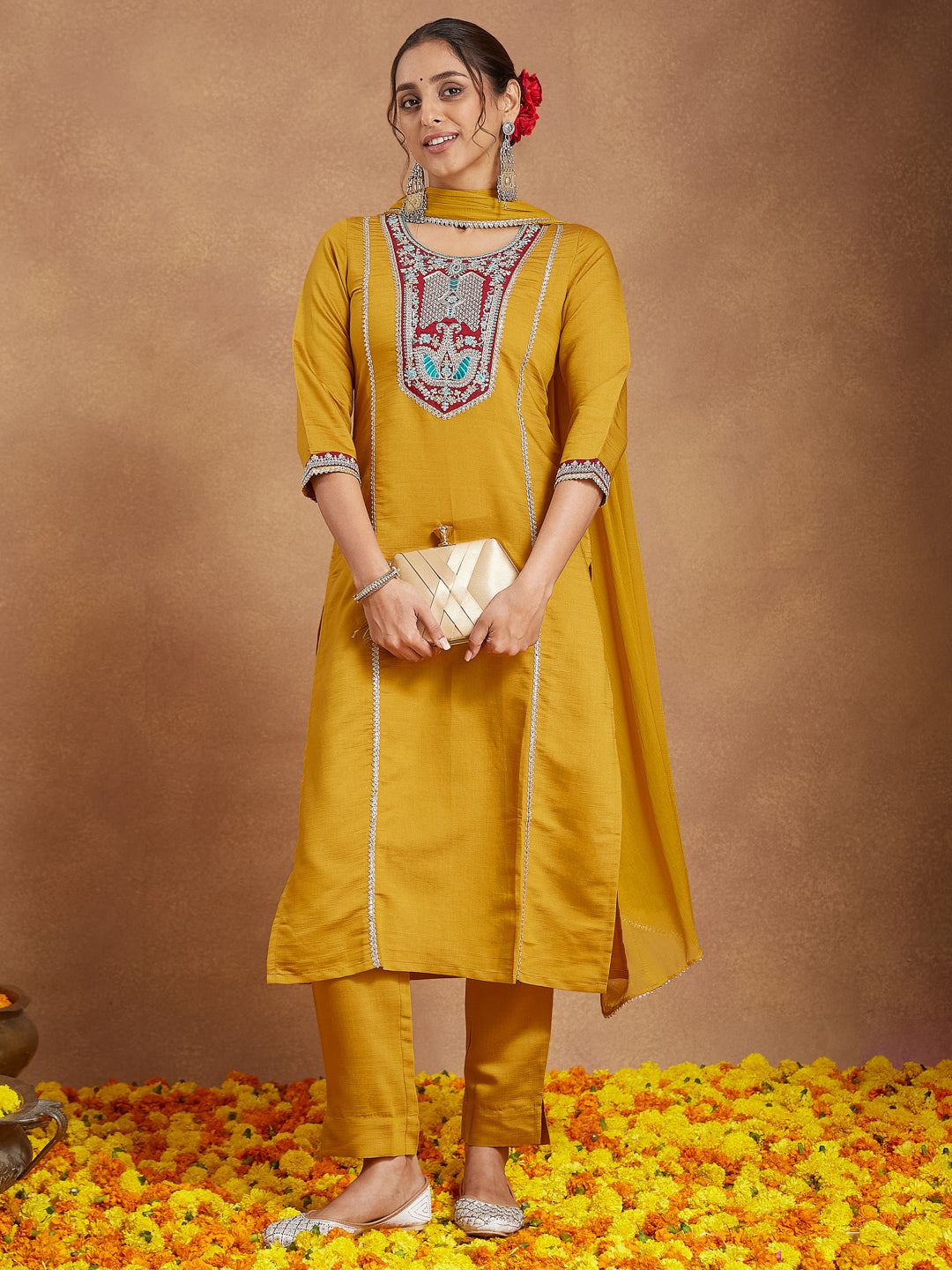 Ninnique Women's Mustard Silk Blend Embroidered Straight Kurta Set