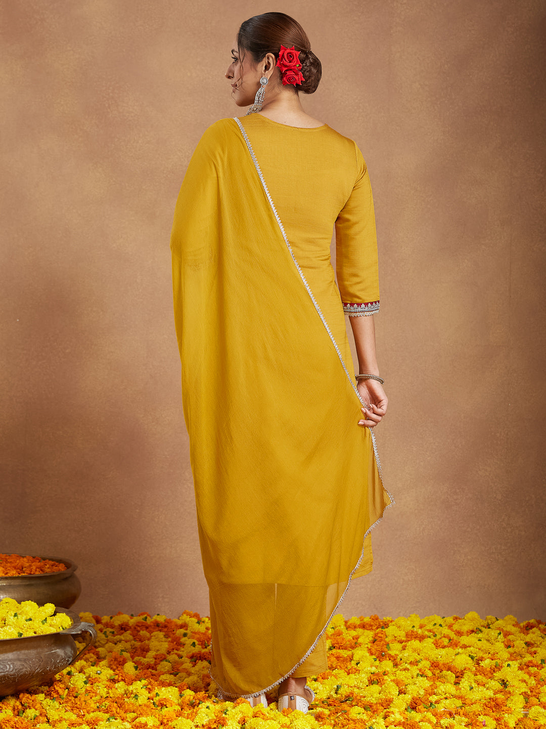 Ninnique Women's Mustard Silk Blend Embroidered Straight Kurta Set