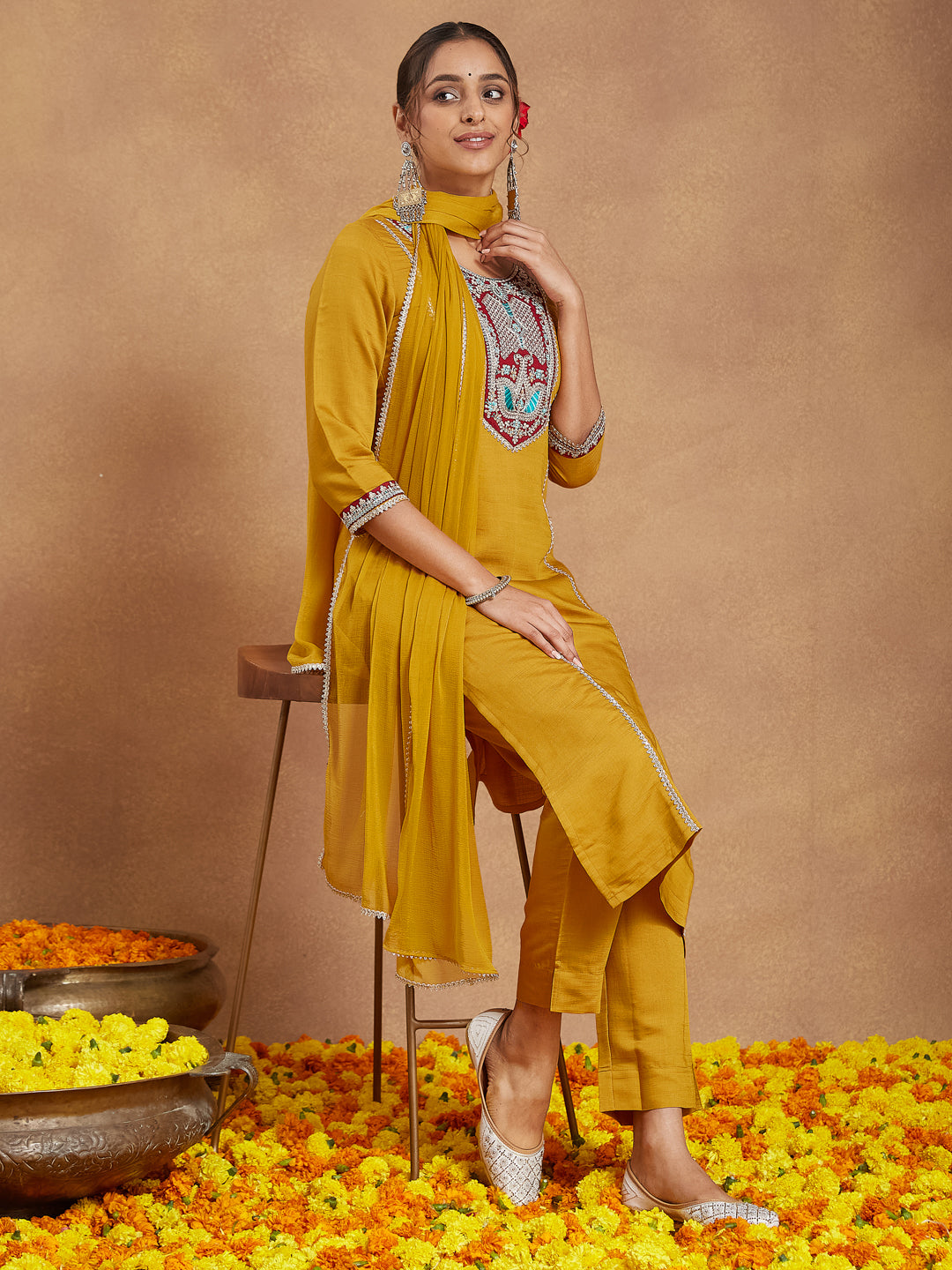 Ninnique Women's Mustard Silk Blend Embroidered Straight Kurta Set